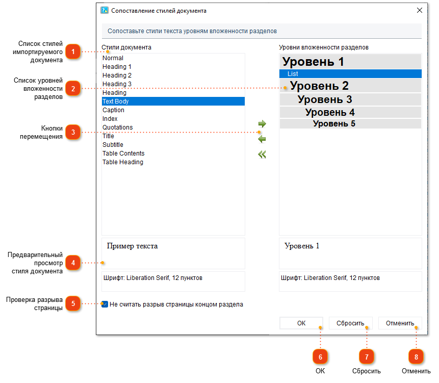 Диалог сопоставления стилей документов