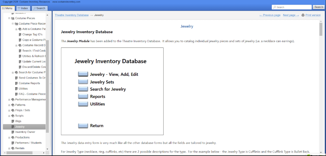 интерфейс руководства пользователя Costume Inventory Resources