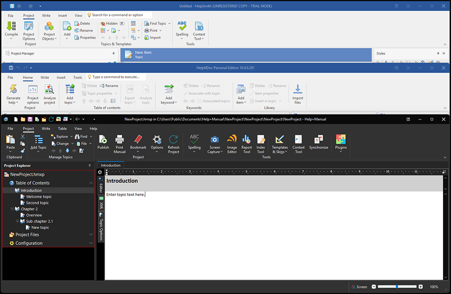 Панель инструментов в Help+Manual, HelpNDoc и HelpSmith